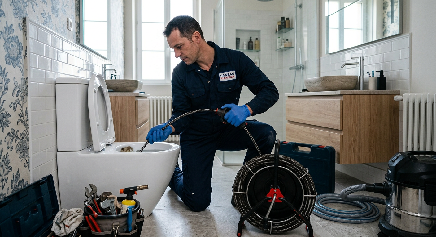 Plombier débouchant des WC avec un furet électrique au Chesnay